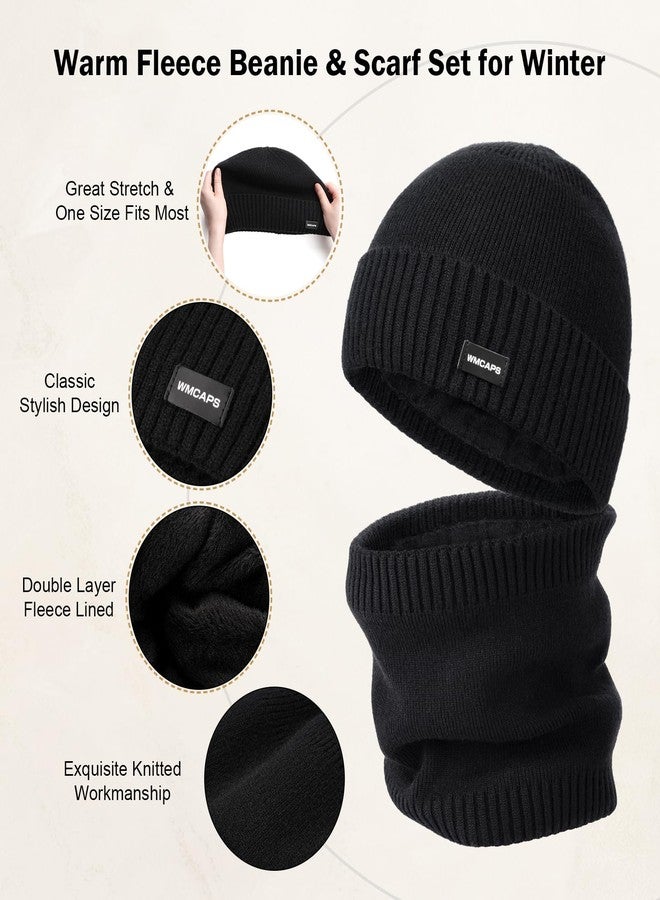 Wmcaps طقم قبعة شتوية مبطنة بالفرو ووشاح من Wmcaps للرجال والنساء، قبعة محبوكة سميكة ودافئة ومدفأة للرقبة، هدية (أسود) - Image 4